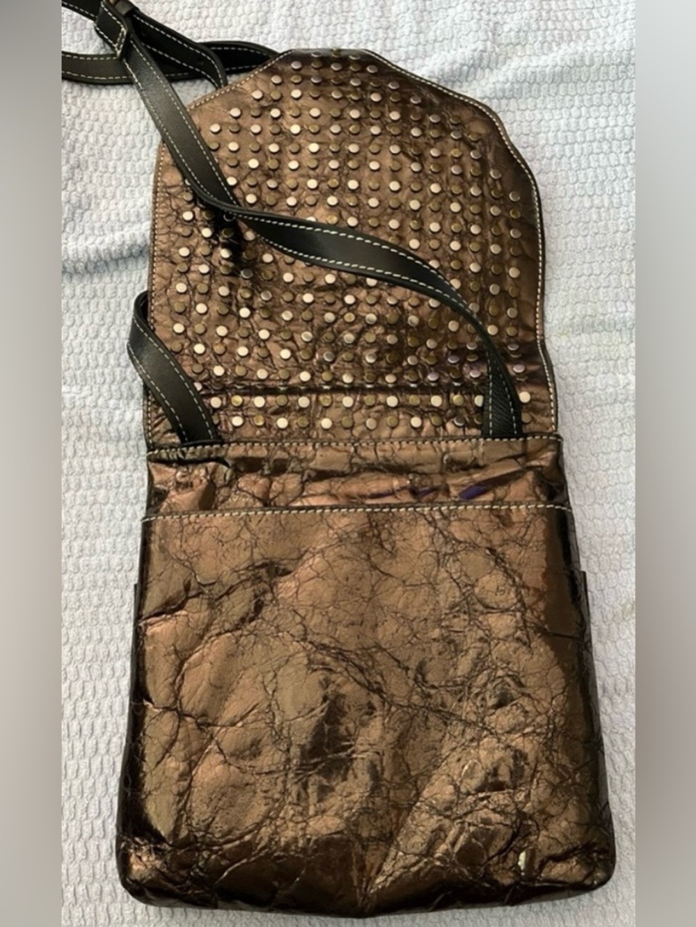 Patricia Nash Studded Metallic Bronze Italian Leather Crossbody Bag - Picture 8 of 13